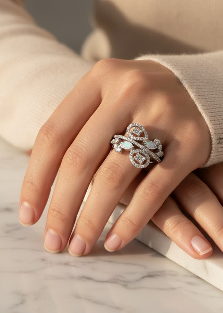 خاتم زهرة بتلات الأوبال والزركون - الصورة 3